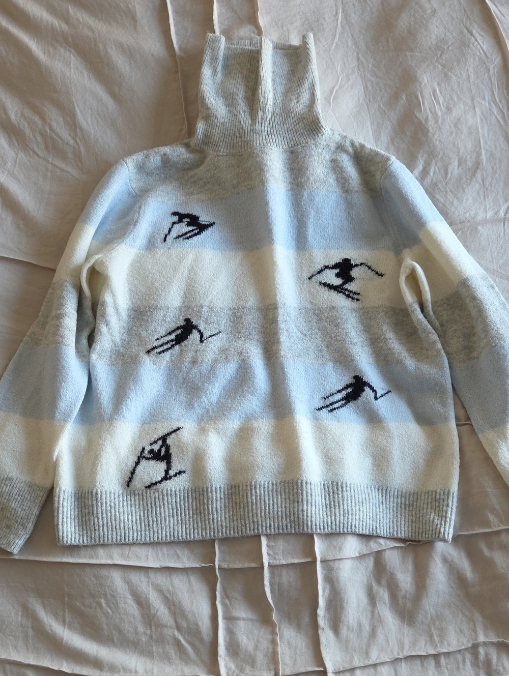 Halogen Light Blue, White and Gray Striped Turtleneck Sweater with Ski Motif